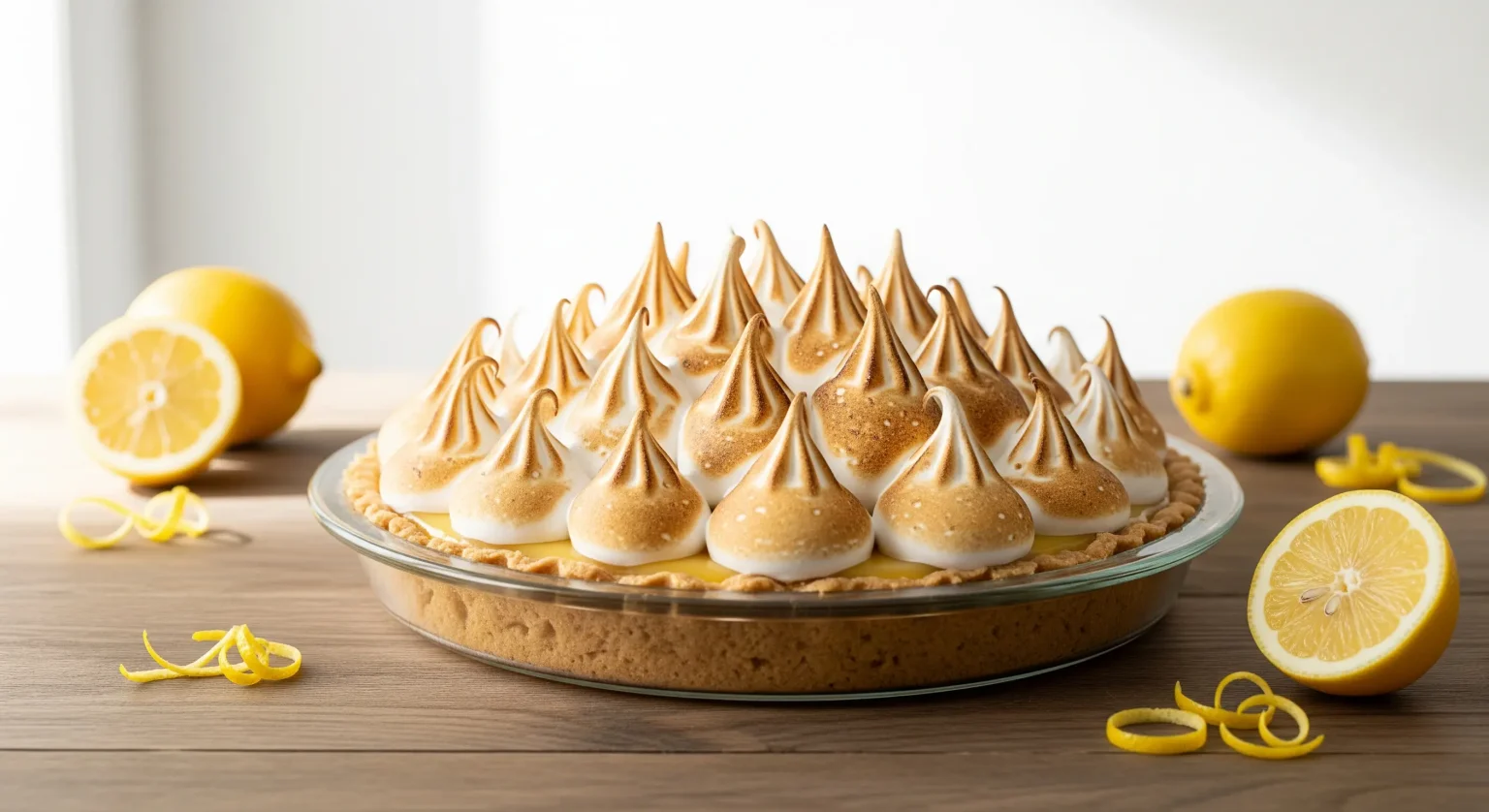 Slice of classic lemon meringue pie with a buttery crust, silky lemon filling, and fluffy golden meringue topping.