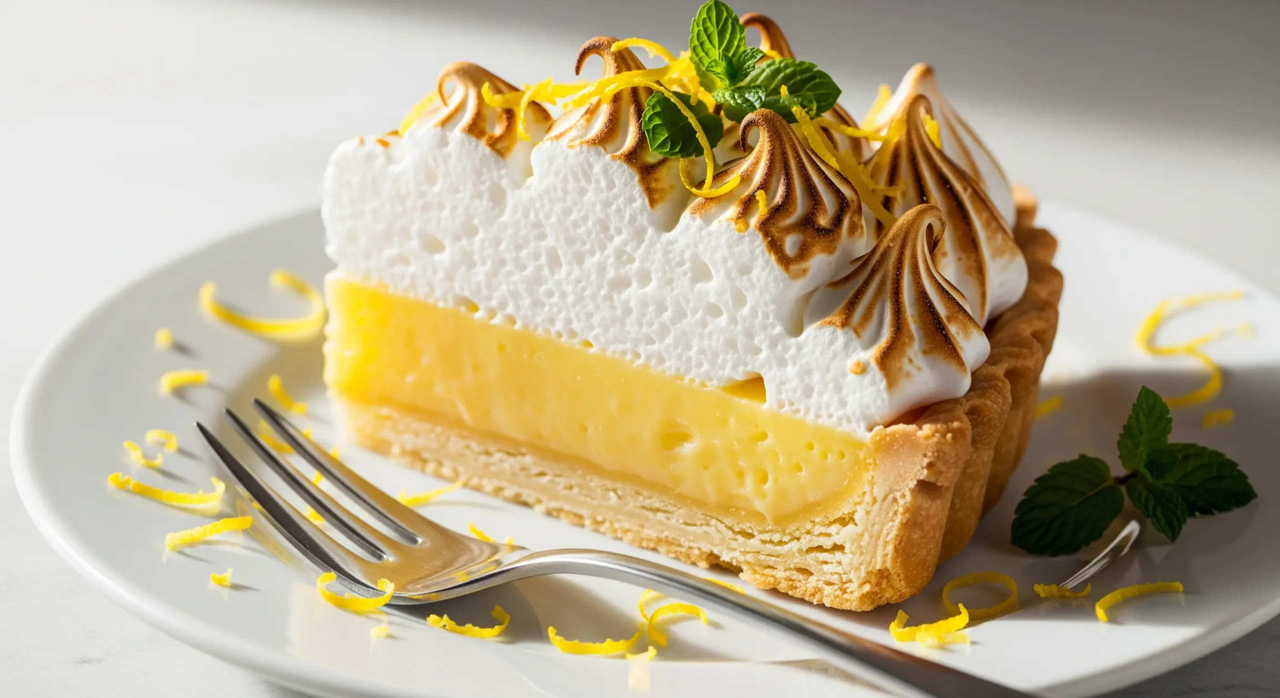 Slice of classic lemon meringue pie with a buttery crust, silky lemon filling, and fluffy golden meringue topping.