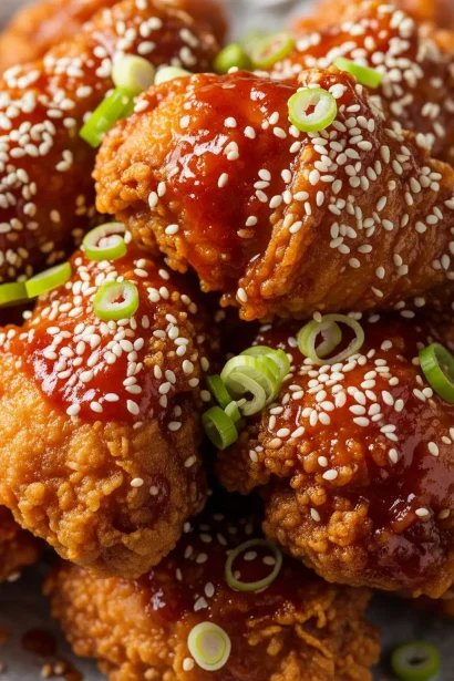 Crispy Korean fried chicken coated in a glossy sweet and spicy sauce, garnished with sesame seeds and green onions.