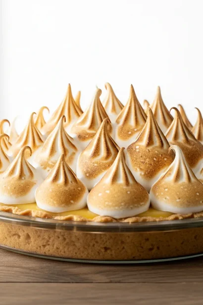 Slice of classic lemon meringue pie with a buttery crust, silky lemon filling, and fluffy golden meringue topping.