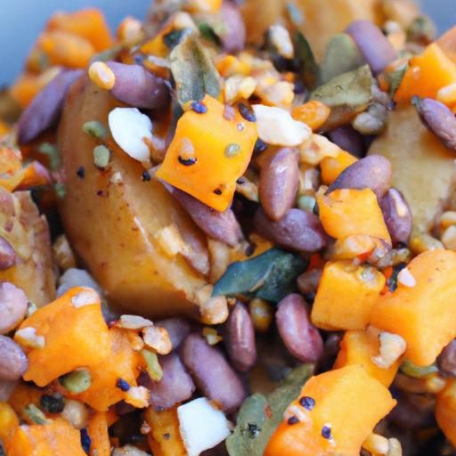 Roasted Sweet Potato & Lentil Salad with Creamy Almond Cheese