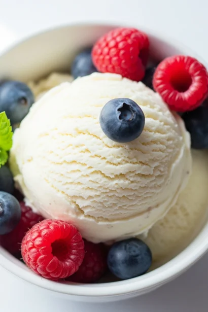 Delicious homemade ice cream in a bowl, creamy texture, topped with fresh fruit and chocolate drizzle, ready to enjoy