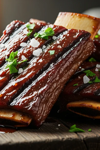 Juicy boneless beef ribs glazed with a rich, savory sauce and cooked until tender, served hot with fresh herbs.