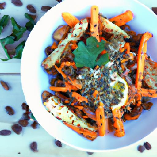 Roasted Sweet Potato & Lentil Salad with creamy Almond Cheese