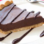 A rich chocolate ganache tart with a smooth, glossy finish, sliced and served on a plate, showcasing its decadent texture.