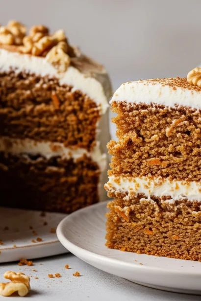 Moist carrot cake topped with creamy cream cheese frosting, made with warm spices and finely grated carrots.