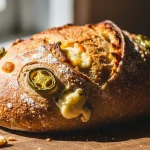 Vegan jalapeño cheese artisan bread with a golden crust, sliced to reveal a soft interior studded with spicy jalapeños and melted plant-based cheese.