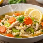 Bowl of lemon garlic chicken soup with tender chicken, fresh herbs, and bright citrus slices in a cozy setting.