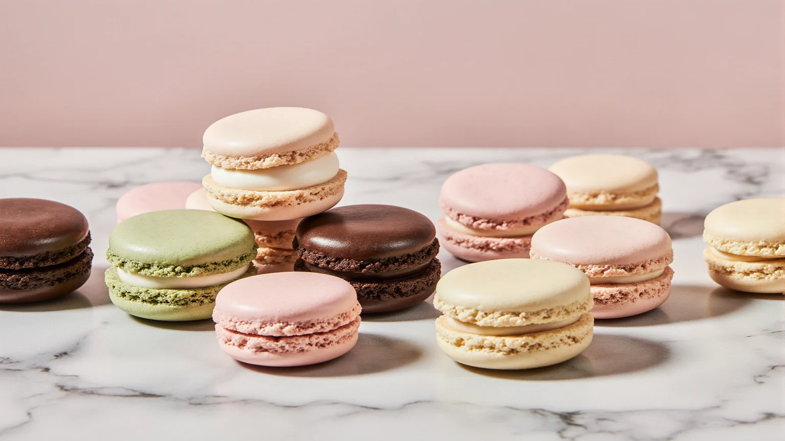 Colorful French macarons arranged neatly, showcasing classic flavors and sweet pastry traditions.
