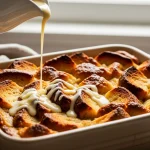 Old-fashioned bread pudding drizzled with creamy vanilla sauce, served warm and golden.