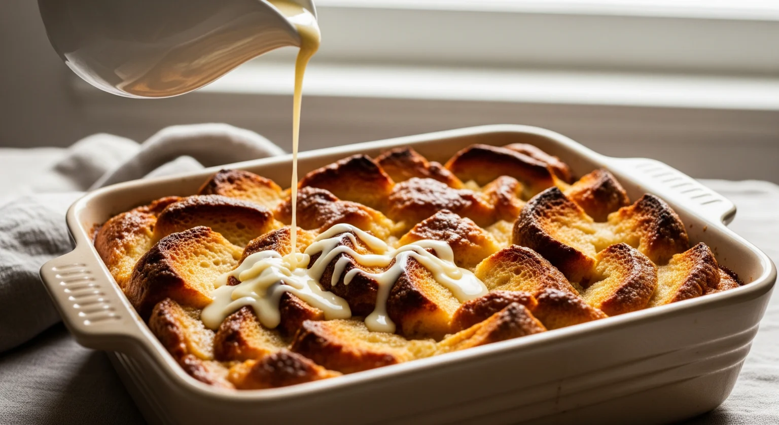 Old-fashioned bread pudding drizzled with creamy vanilla sauce, served warm and golden.