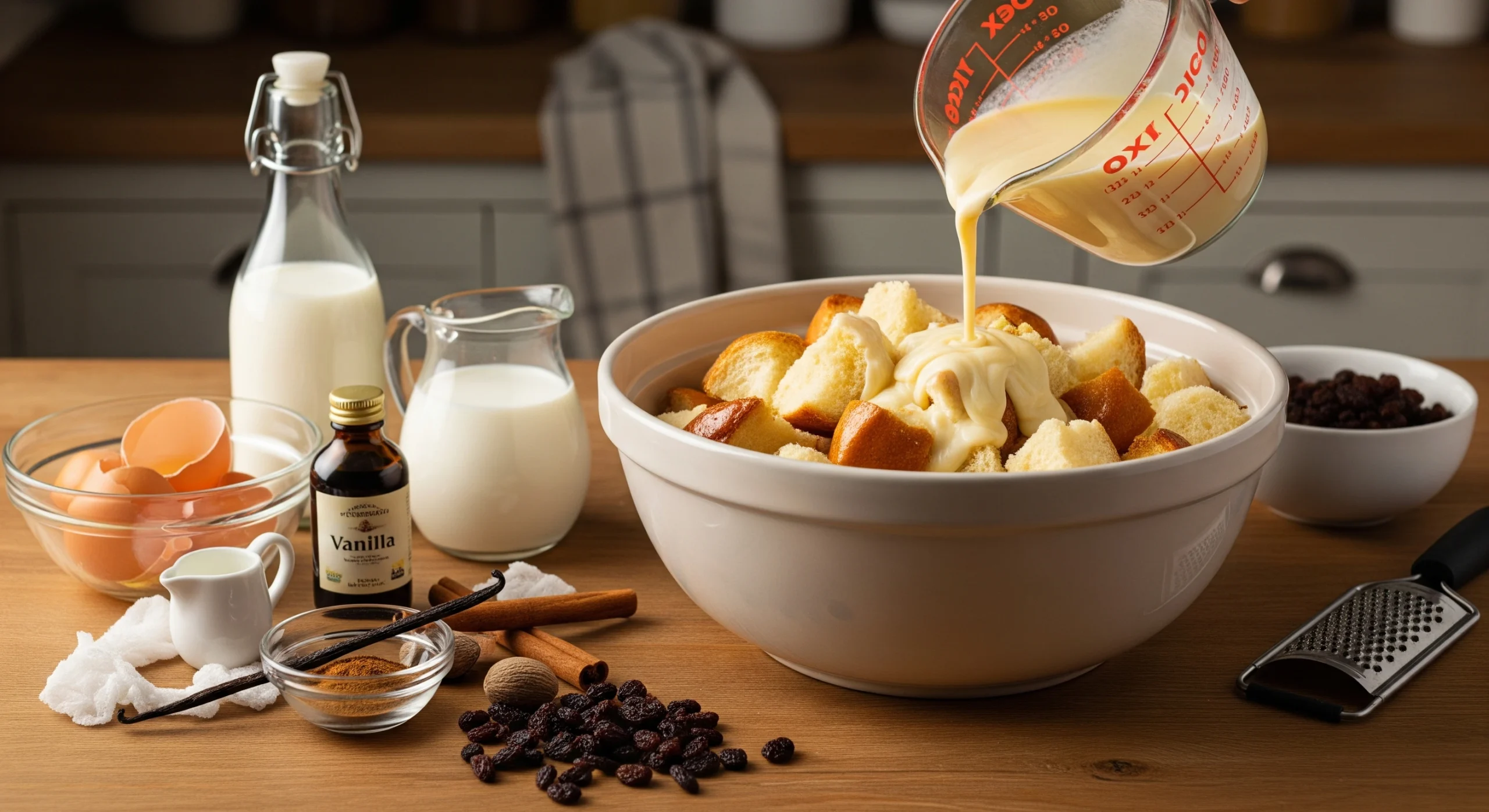 Old-fashioned bread pudding drizzled with creamy vanilla sauce, served warm and golden.