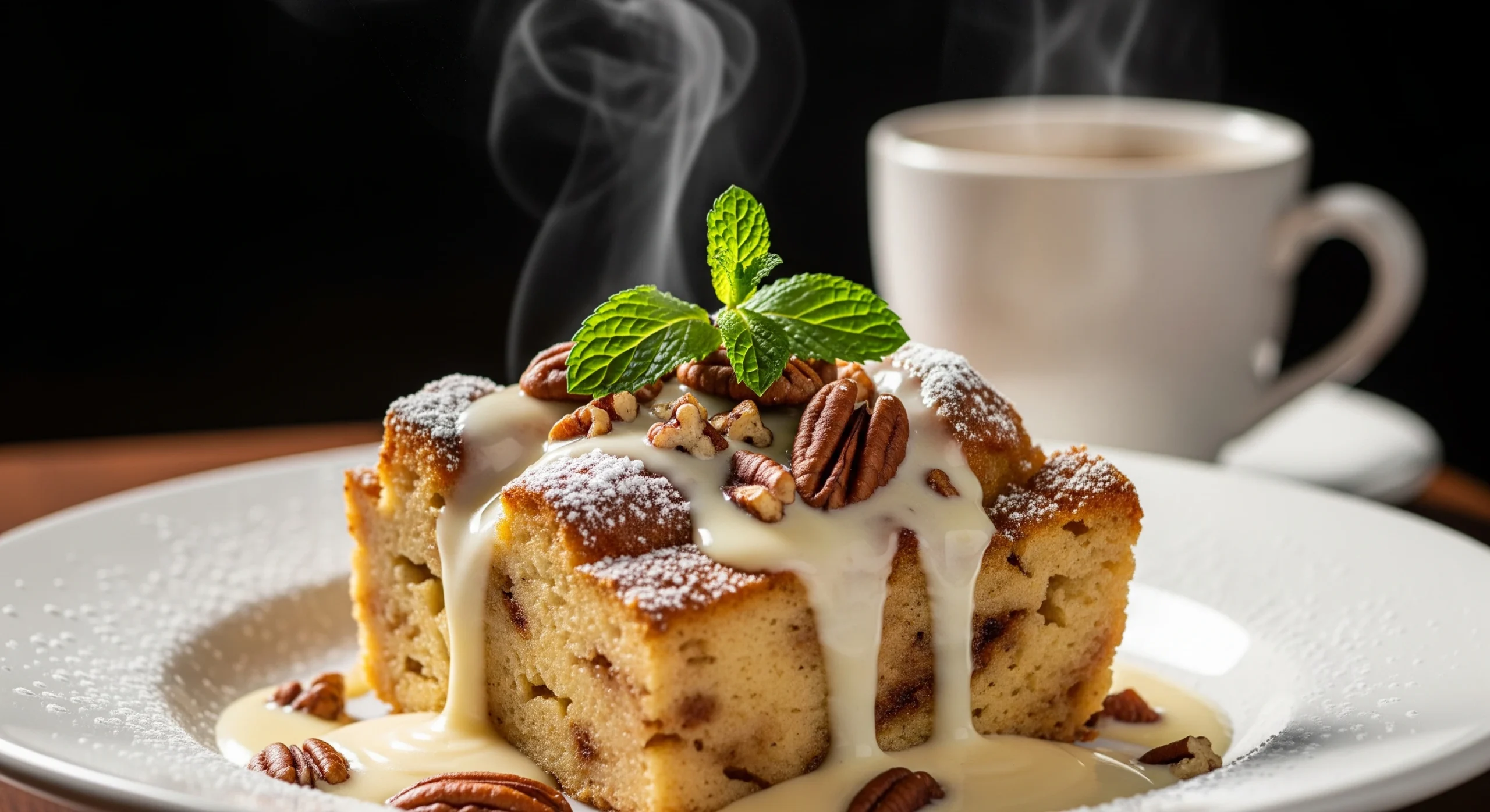 Old-fashioned bread pudding drizzled with creamy vanilla sauce, served warm and golden.