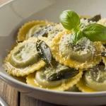 Close-up of colorful stuffed pasta shells filled with ricotta, herbs, and tomato sauce