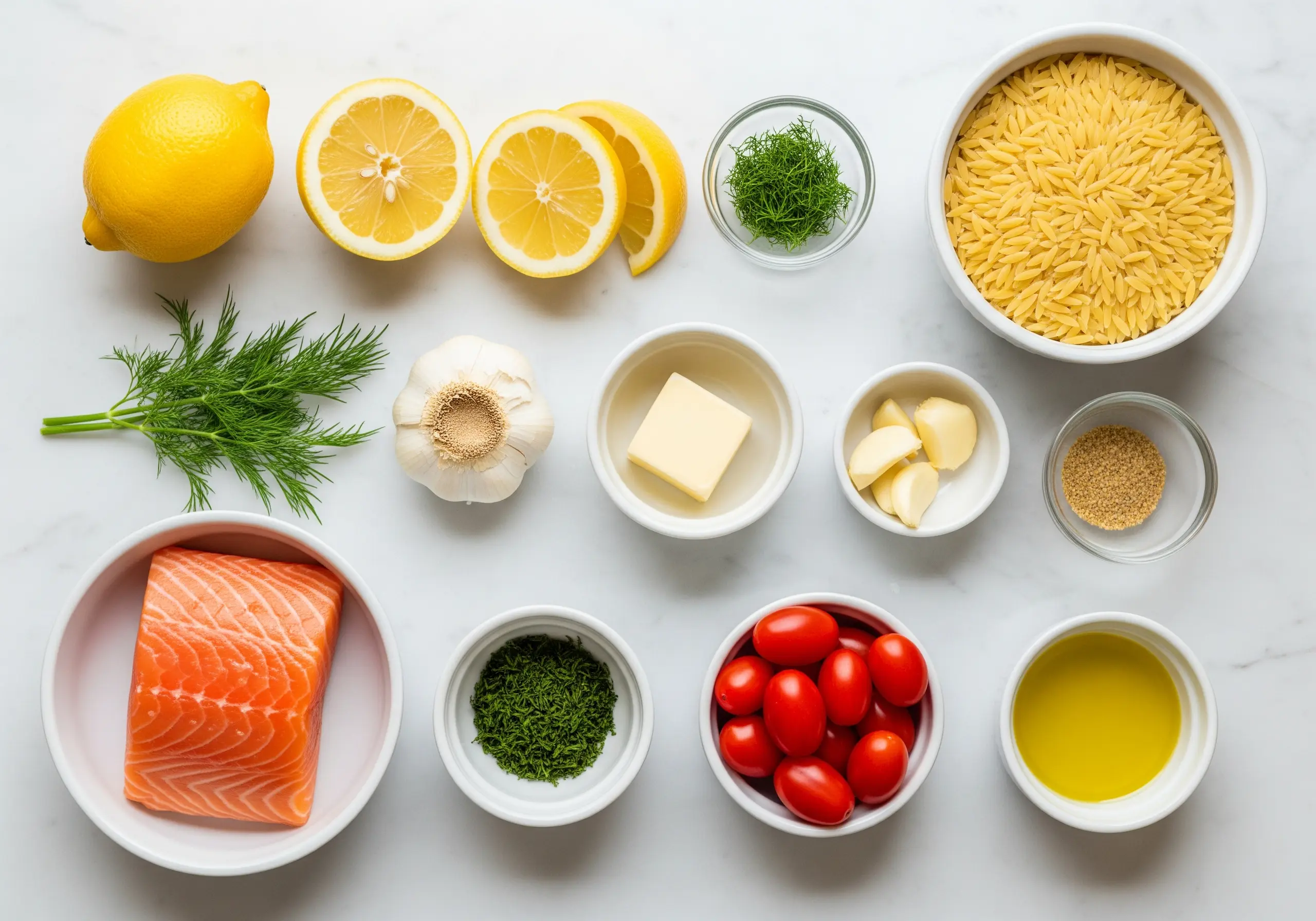 Garlic butter sauce being poured over salmon in a baking dish for lemon garlic butter salmon orzo