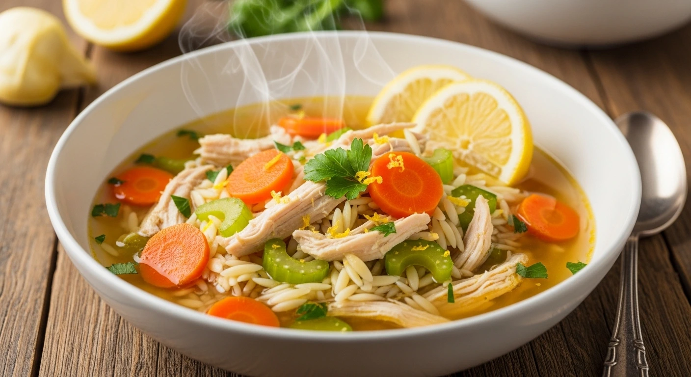 Bowl of lemon garlic chicken soup with tender chicken, fresh herbs, and bright citrus slices in a cozy setting.
