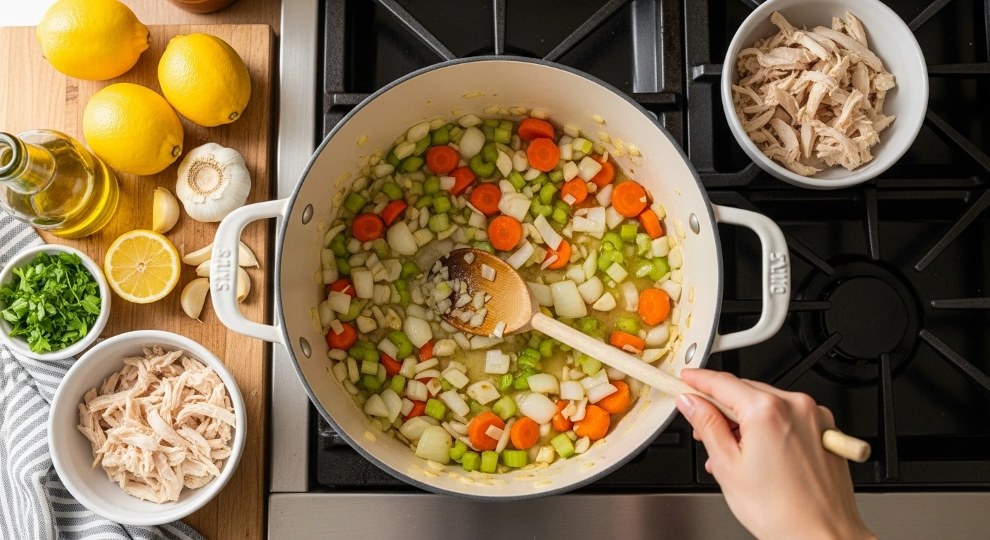Bowl of lemon garlic chicken soup with tender chicken, fresh herbs, and bright citrus slices in a cozy setting.