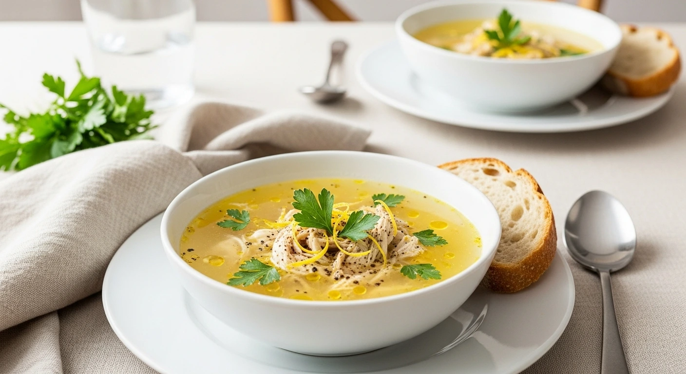 Bowl of lemon garlic chicken soup with tender chicken, fresh herbs, and bright citrus slices in a cozy setting.